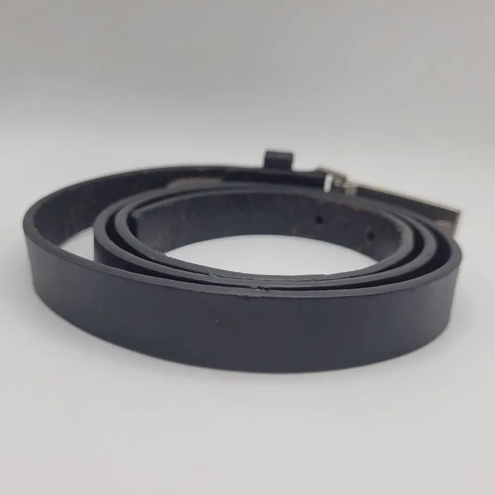 Fossil Belt Mens Large Black Leather Plaque Silver Buckle Skinny Casual Dress 90